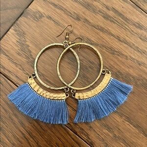 Gold and Blue Statement Hoop Earrings with Tassels